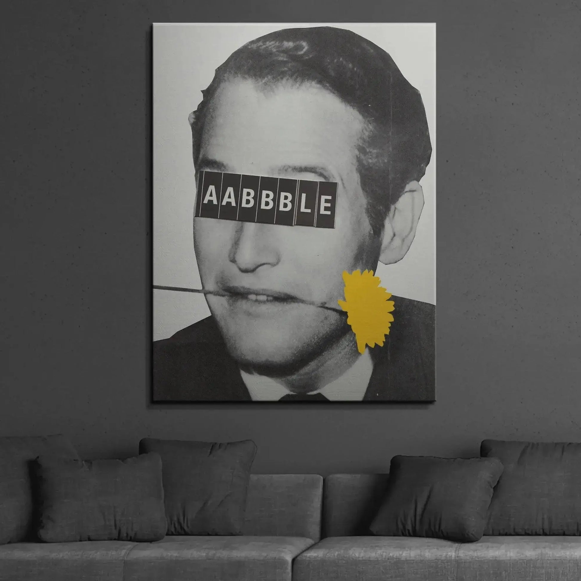 Lifestyle context showing the Aabbble print hanging framed in a minimalist living room setting.