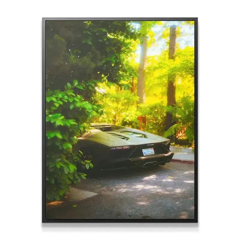 High-contrast texture focusing on the surrounding foliage framing the iconic shape of the Abandoned Lamborghini Aventador.