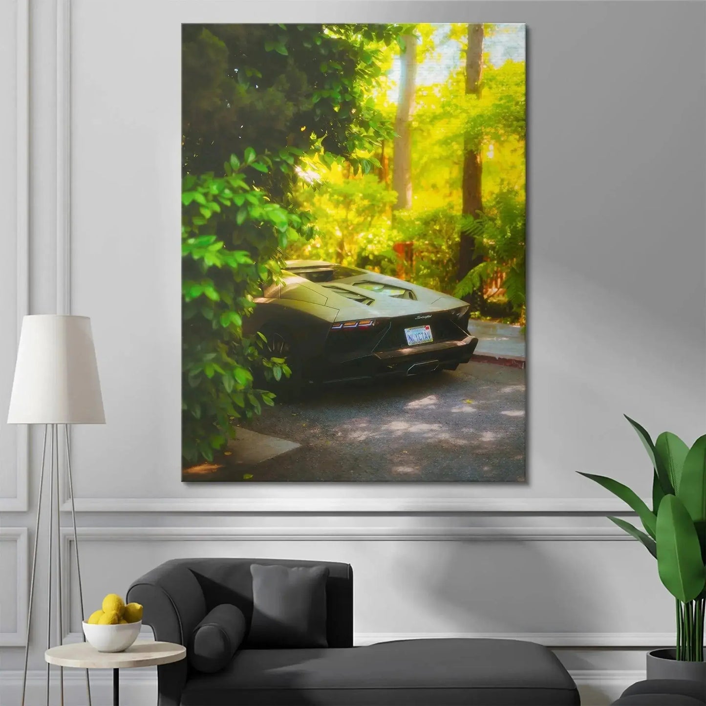 The mysterious, sun-drenched, overgrown setting surrounding the forgotten, premium vehicle: Abandoned Lamborghini Aventador.