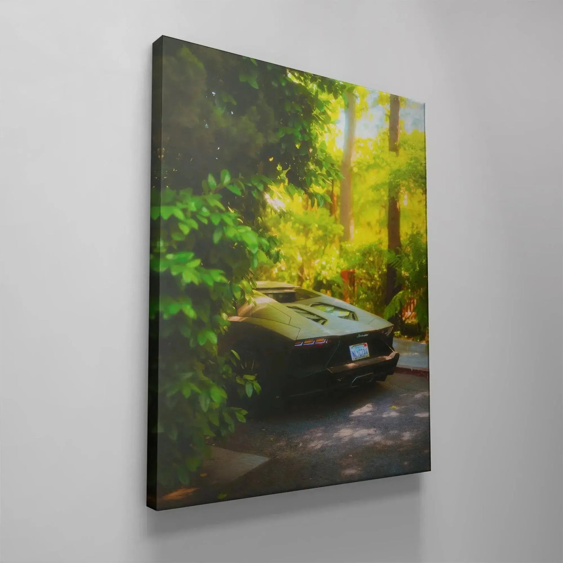 Wide shot composition capturing the deep shadows and brilliant midday light hitting the body of the Abandoned Lamborghini Aventador.