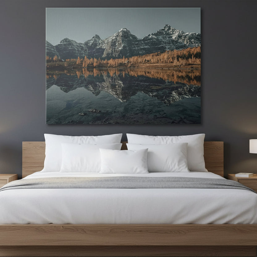 Lifestyle presentation of the framed print Above the Larches hanging as a focal point in a modern rustic living room.