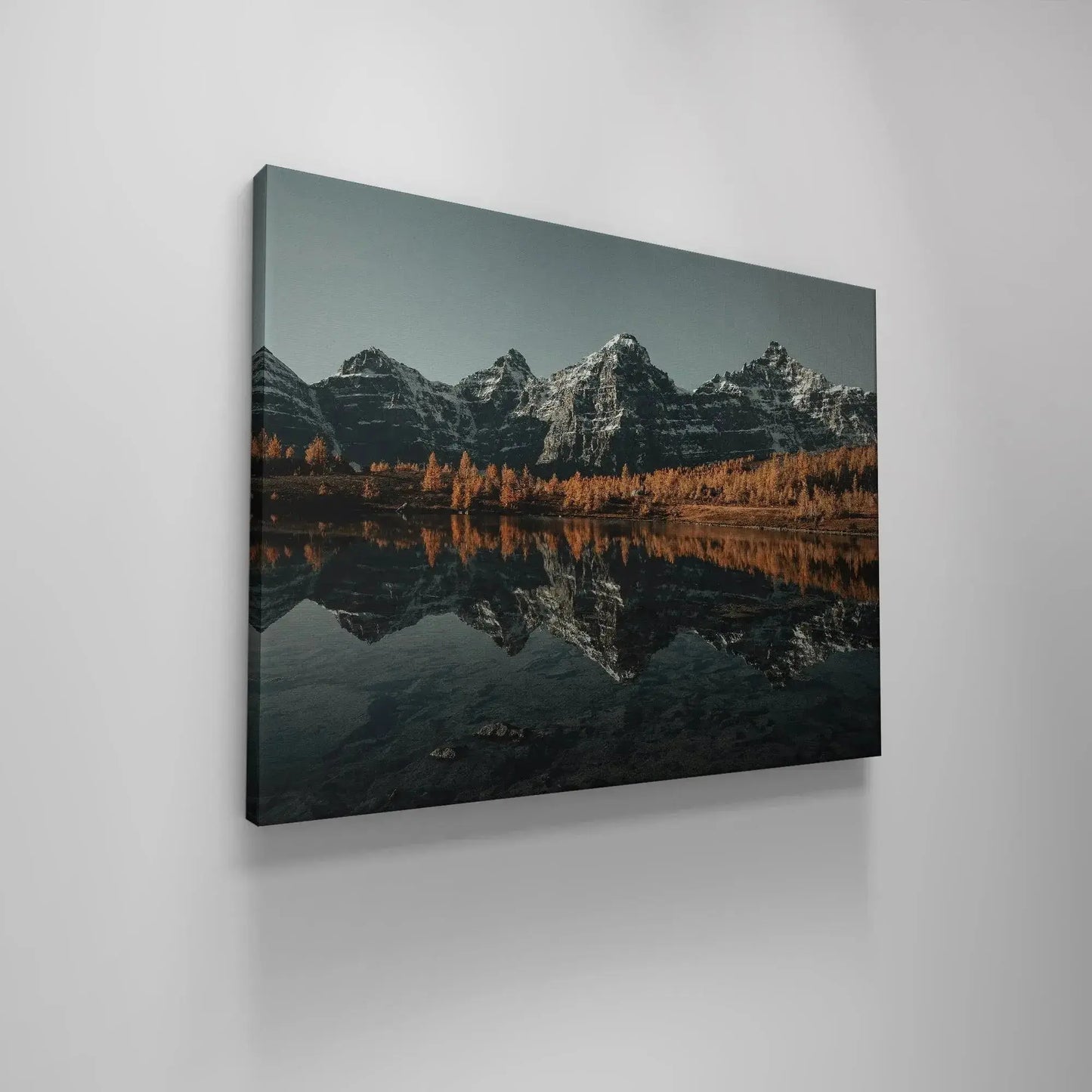 Horizontal panoramic composition emphasizing the entire vast mountain range featured in Above the Larches artwork.