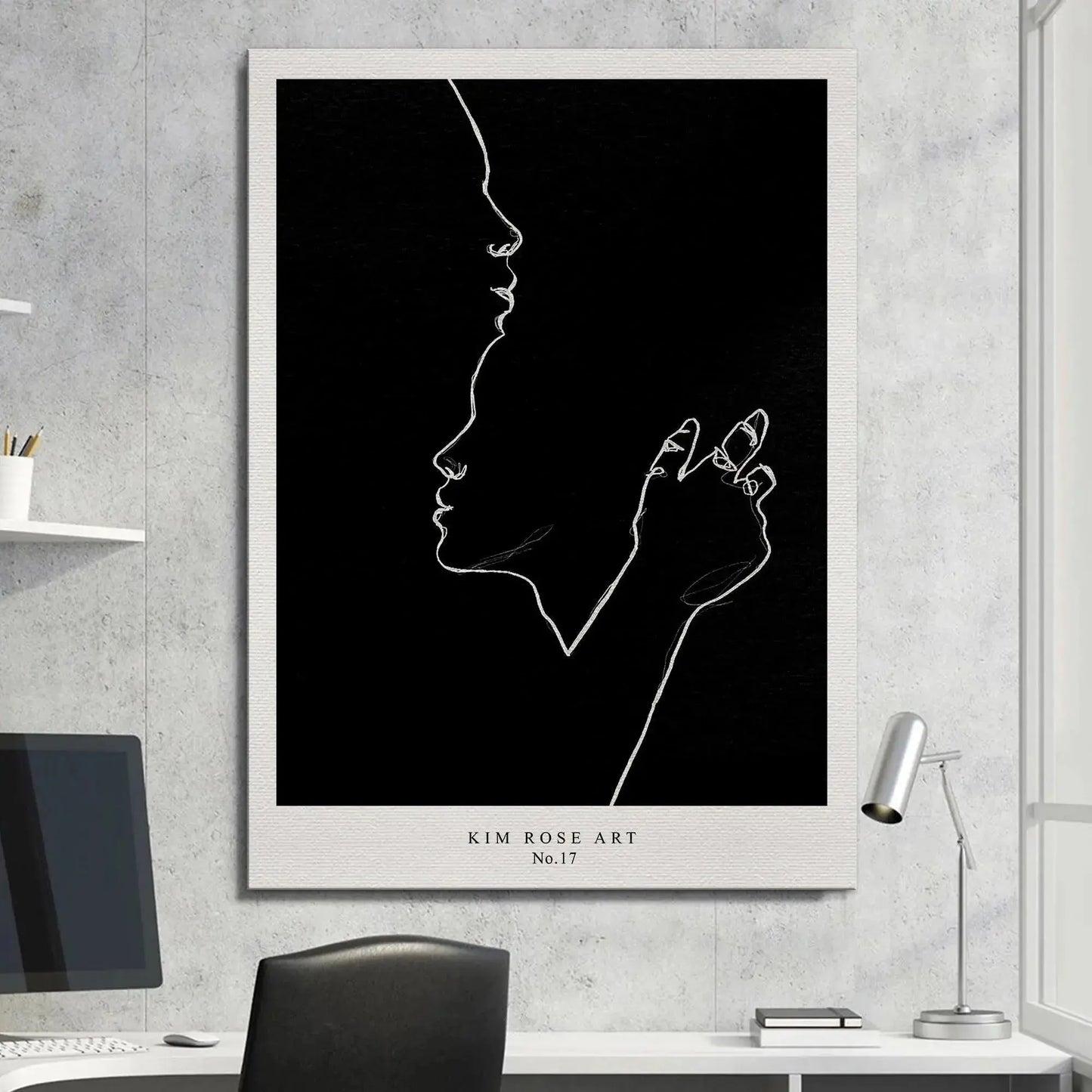 Side view perspective showing the sharp contrast of white lines against the deep black background of Abrazo Suave - Black.