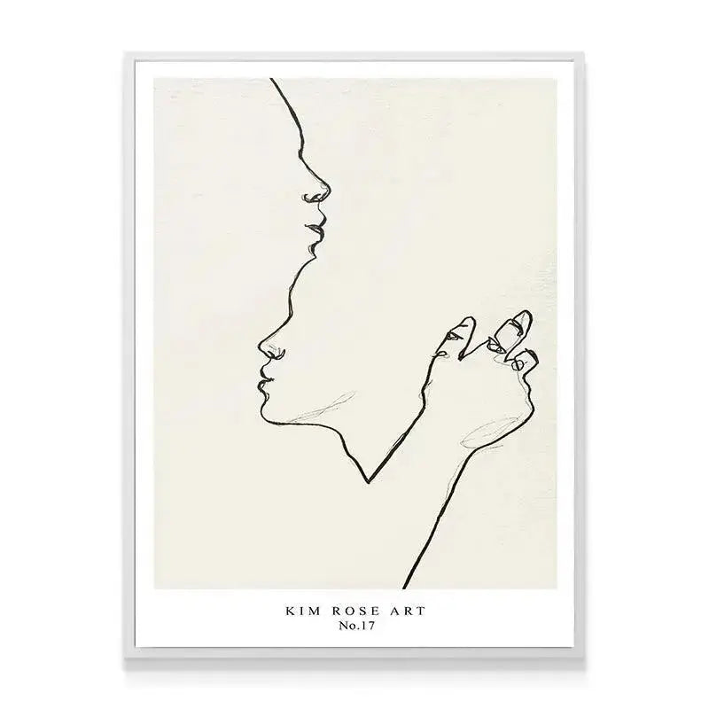 Lifestyle shot of the framed Abrazo Suave - White art displayed in a Scandinavian-style living room over a console table.