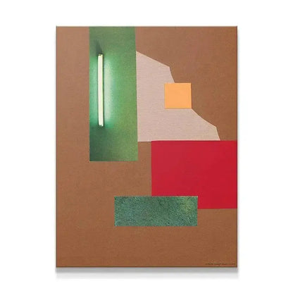 Full view of Abstrakt II modern geometric collage art print on brown background.