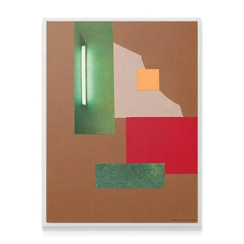 Angled perspective capturing the rich red and textured beige color blocks in Abstrakt II.