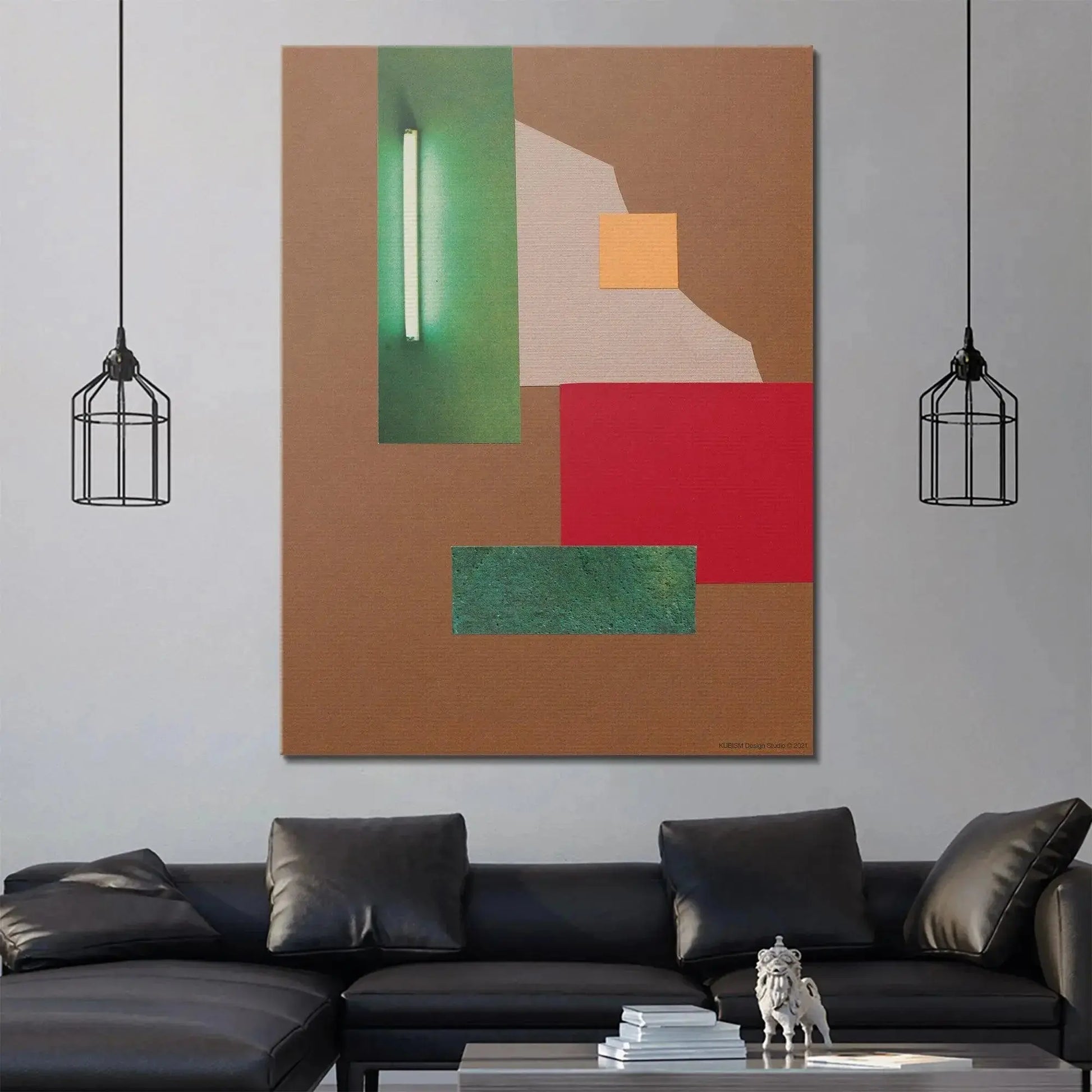Lifestyle presentation of Abstrakt II artwork hanging in a minimalist living room setting.