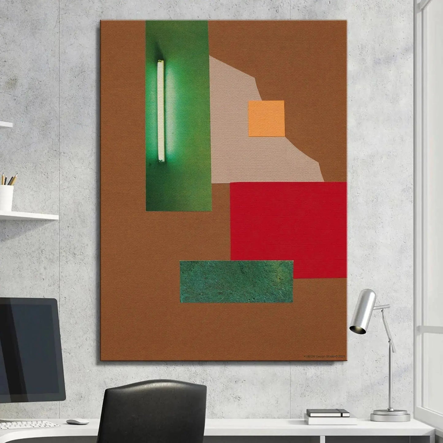 Detail shot highlighting the contrast between the vibrant orange square and the beige texture in Abstrakt II.