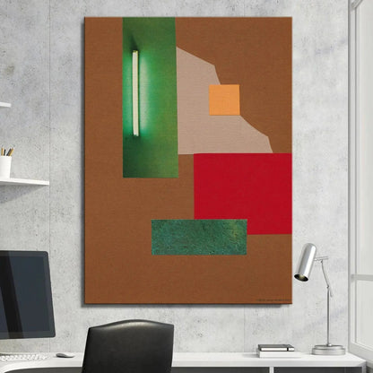 Detail shot highlighting the contrast between the vibrant orange square and the beige texture in Abstrakt II.