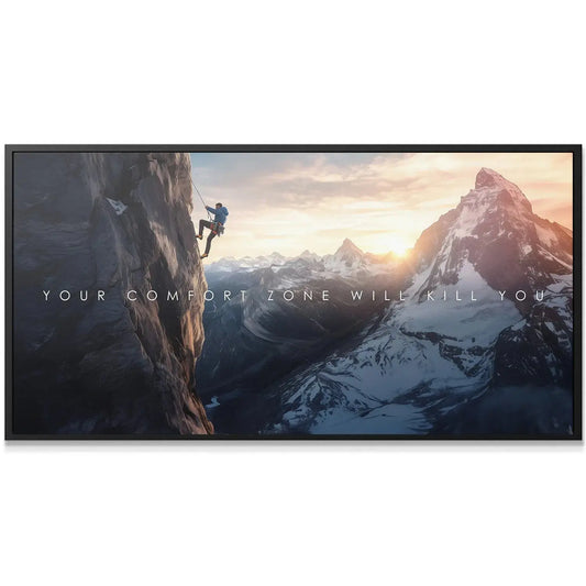 Close-up detail of the rope and harness used by the mountaineer in the extreme 'Action Sports - Comfort Zone' artwork.