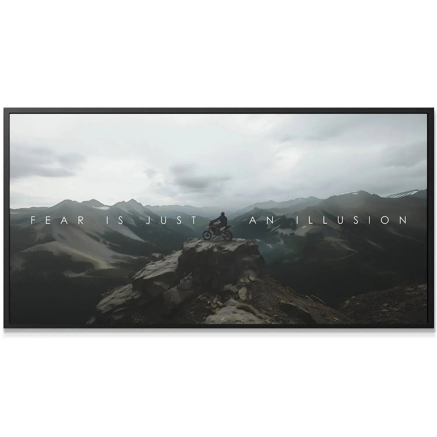 Moody, overcast landscape background behind the motivational text for 'Action Sports - Fear Is Just An Illusion.'
