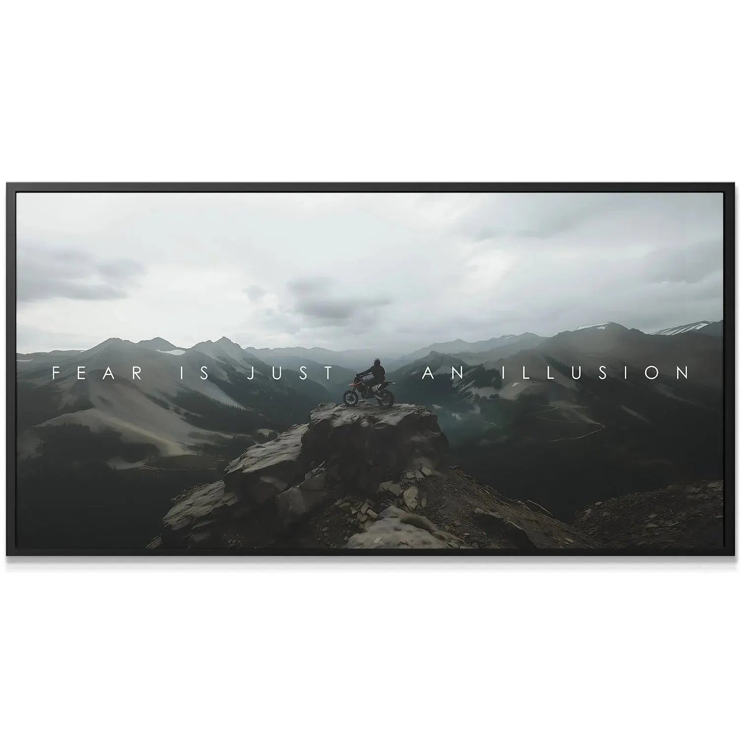 Moody, overcast landscape background behind the motivational text for 'Action Sports - Fear Is Just An Illusion.'