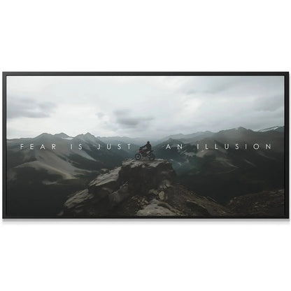 Moody, overcast landscape background behind the motivational text for 'Action Sports - Fear Is Just An Illusion.'