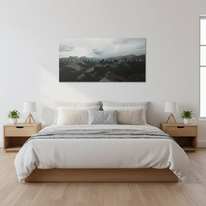 Silhouetted view of the dirt bike rider standing against the dramatic, cloudy sky, titled 'Action Sports - Fear Is Just An Illusion.'