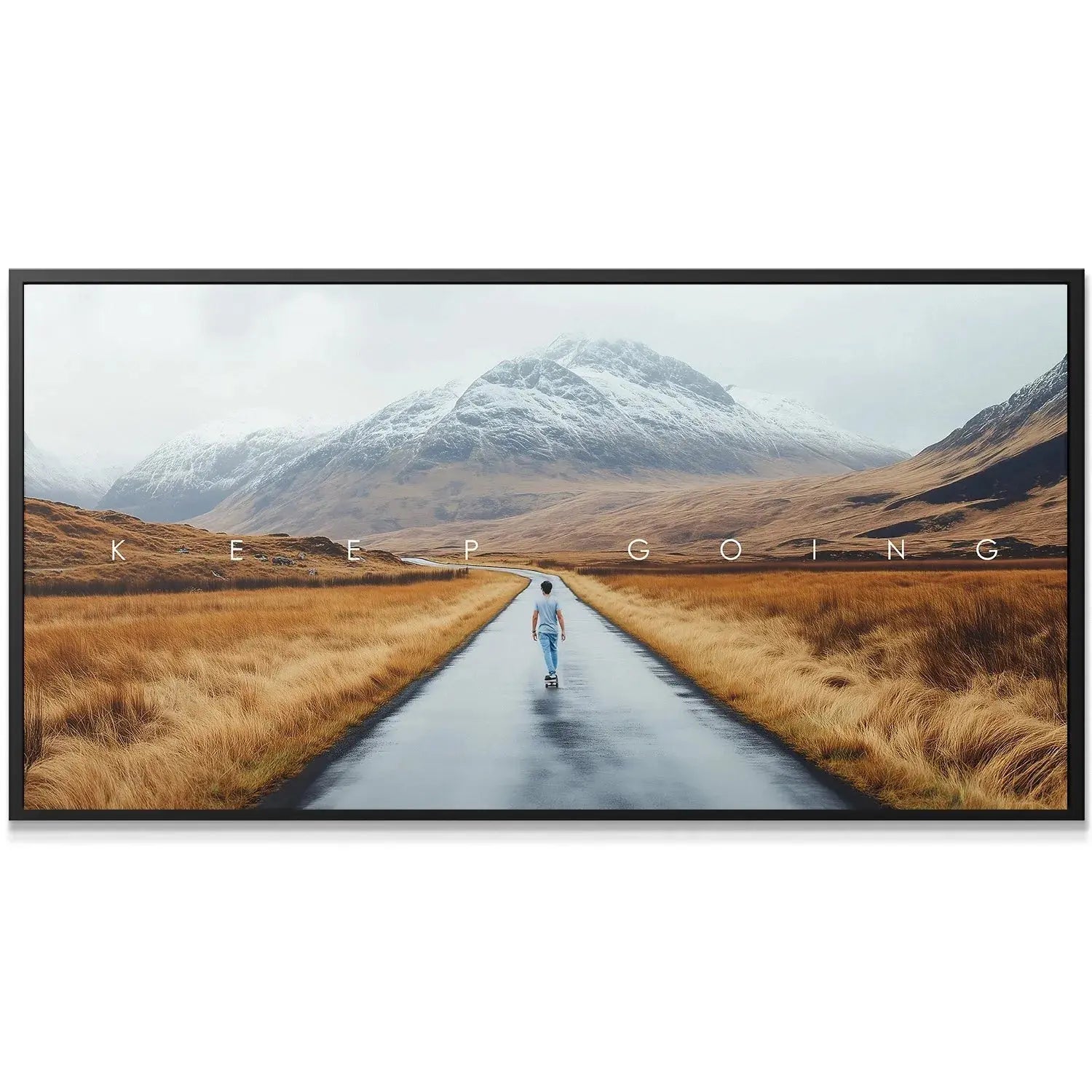 Close-up on the reflective texture of the wet asphalt, highlighting Action Sports - Keep Going.