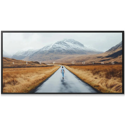 Close-up on the reflective texture of the wet asphalt, highlighting Action Sports - Keep Going.