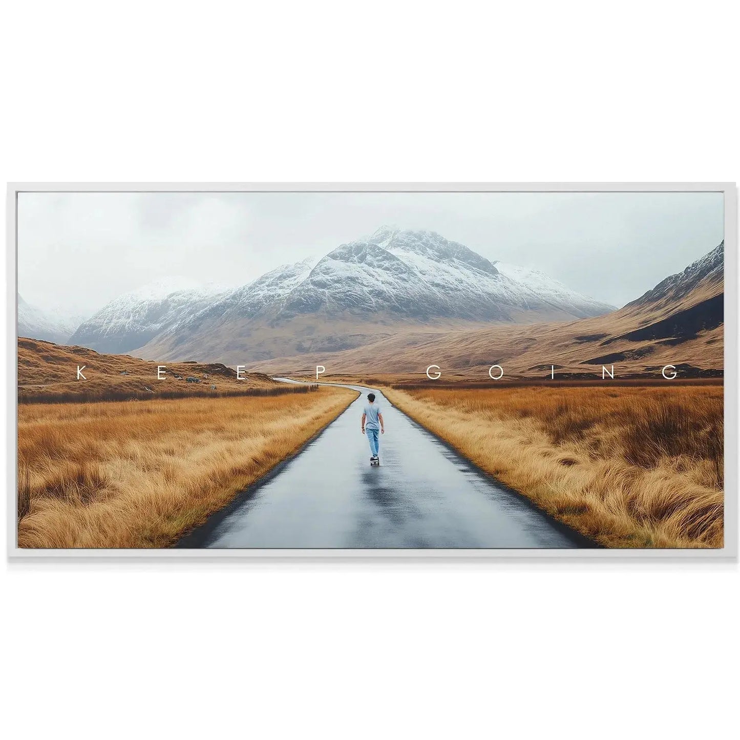 Majestic snow-capped mountain scale with Action Sports - Keep Going text overlay.