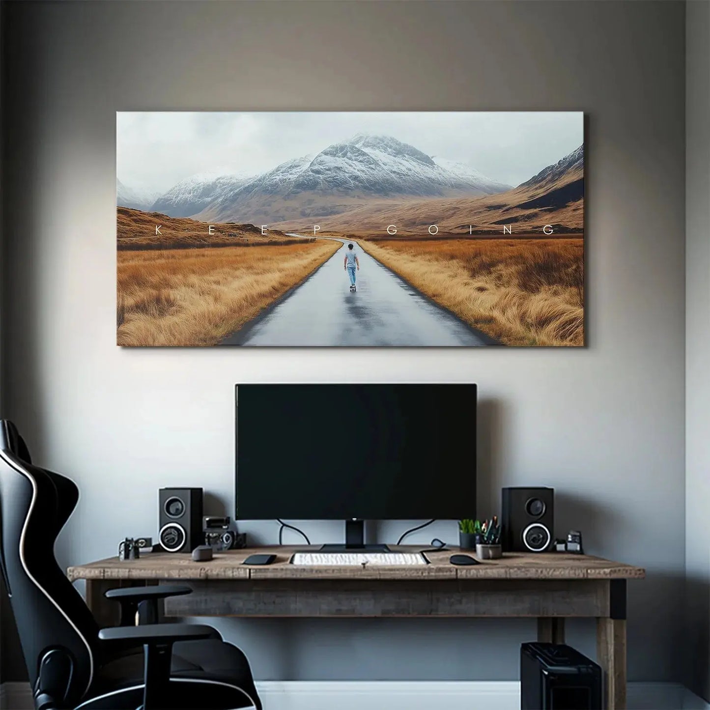 Action Sports - Keep Going motivational poster installed in a contemporary home gym setting.