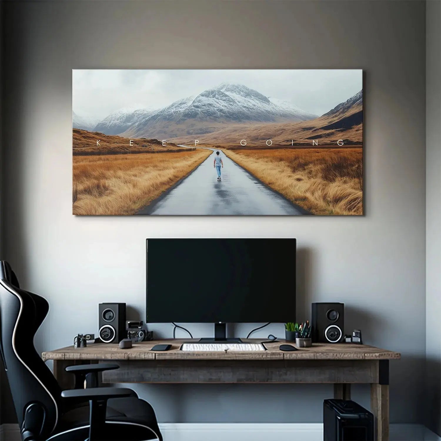 Action Sports - Keep Going motivational poster installed in a contemporary home gym setting.