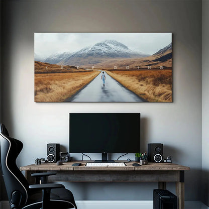 Action Sports - Keep Going motivational poster installed in a contemporary home gym setting.