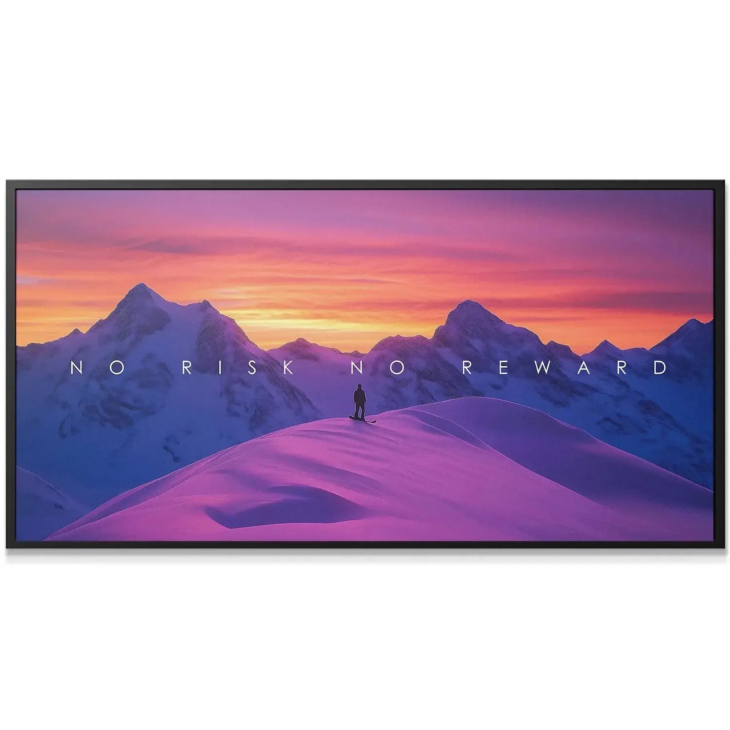 Close-up on the vibrant pink snow texture and the bold text overlay for 'Action Sports - No Risk No Reward'.