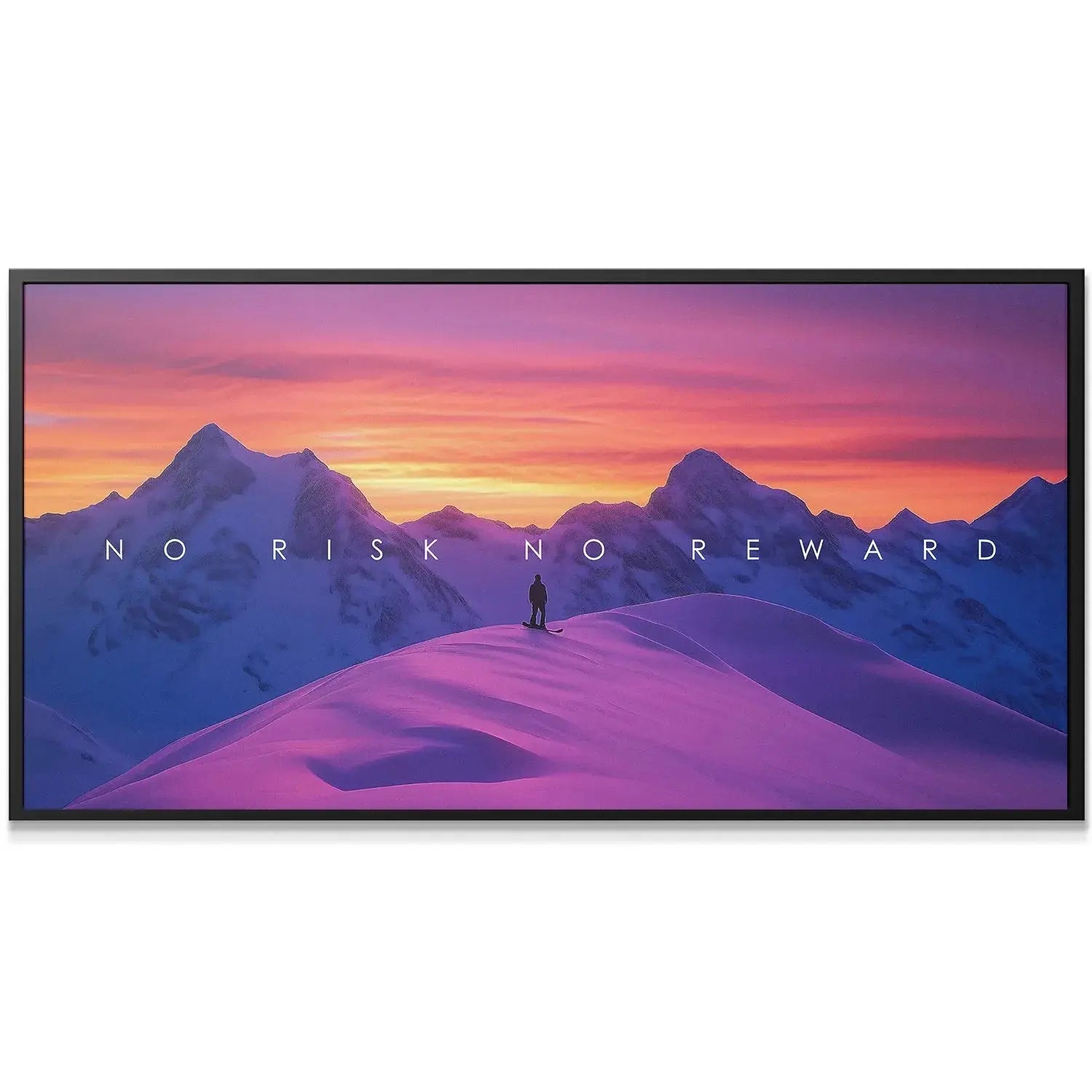 Close-up on the vibrant pink snow texture and the bold text overlay for 'Action Sports - No Risk No Reward'.