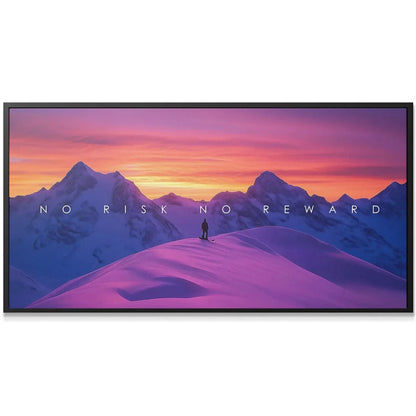 Close-up on the vibrant pink snow texture and the bold text overlay for 'Action Sports - No Risk No Reward'.