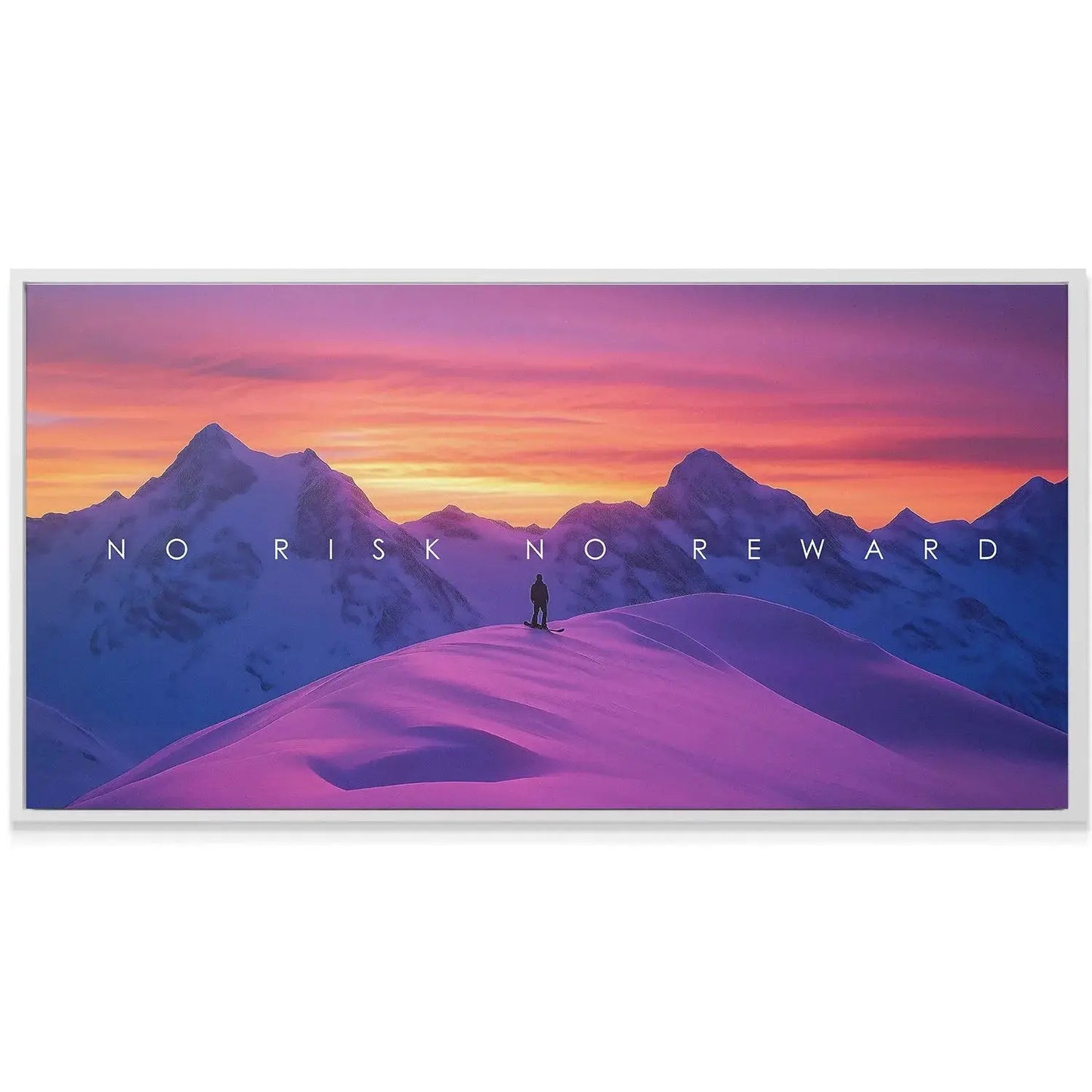 Dramatic sunset skyline highlighting the snow-covered mountain peaks in 'Action Sports - No Risk No Reward' canvas.