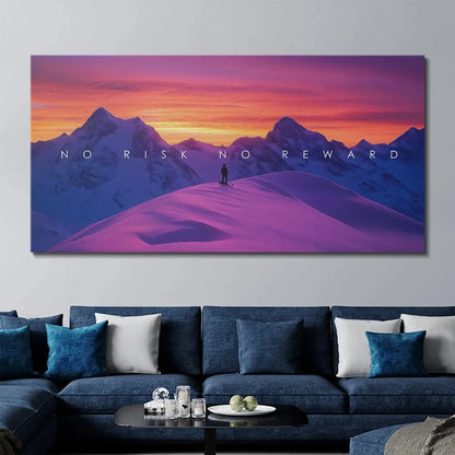Silhouette of the lone snowboarder standing high above the valley in the panoramic 'Action Sports - No Risk No Reward' art.