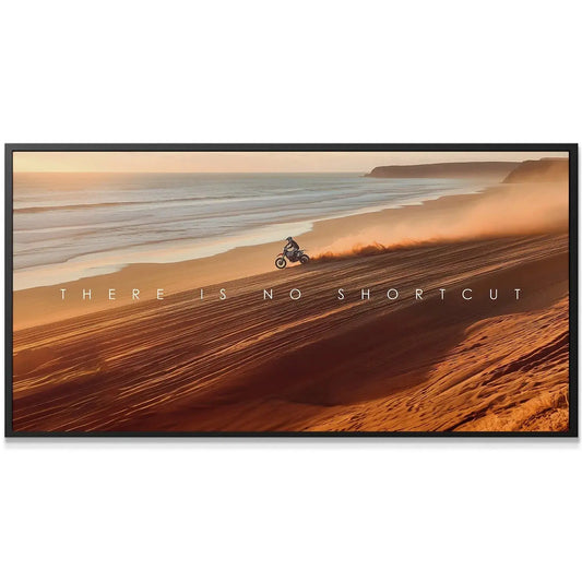 Close-up on the dirt bike and racer generating a large dust plume, illustrating 'Action Sports - There Is No Shortcut'.