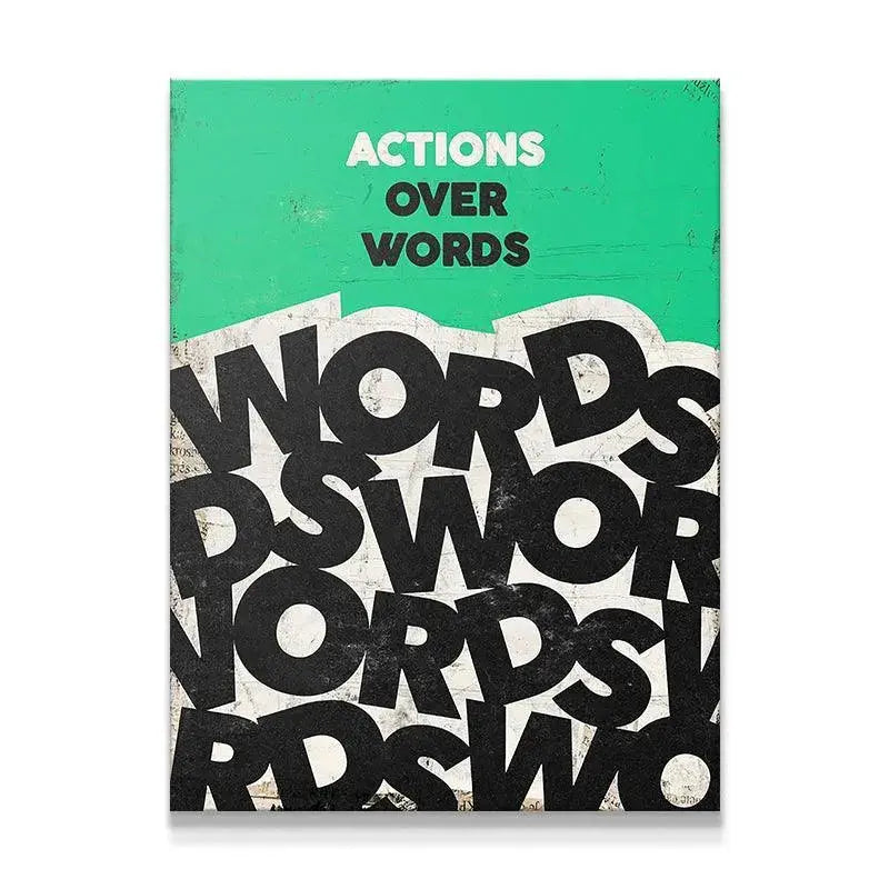 Full view of the bold, distressed 'Actions Over Words' graphic print for modern decor.
