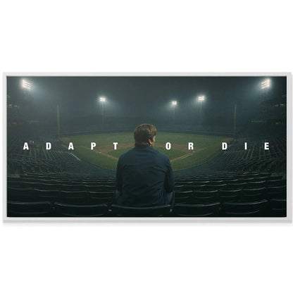 Low-angle perspective of the empty baseball stands emphasizing the scale of the 'Adapt Or Die' challenge.