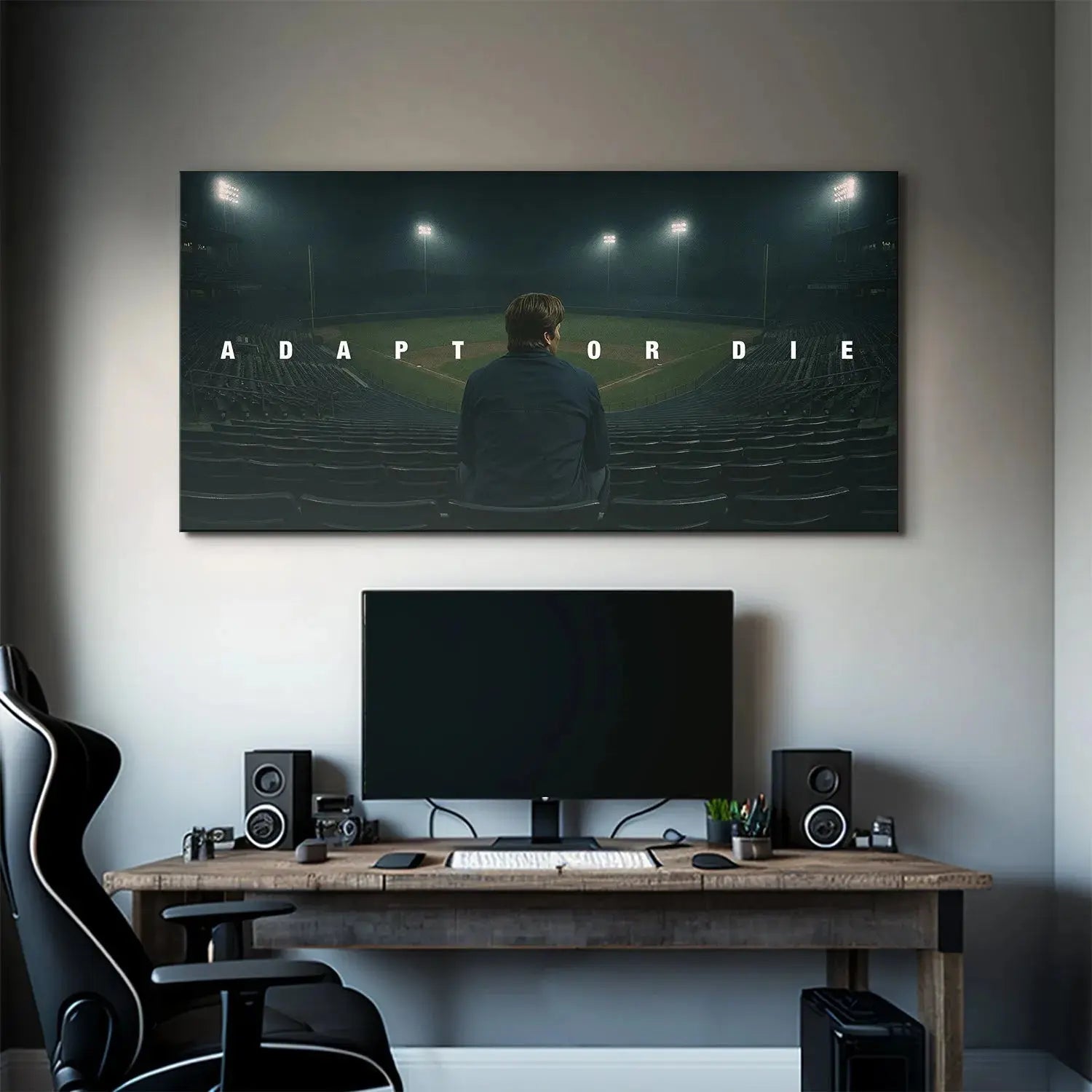 Lifestyle image of the 'Adapt Or Die' poster framed and displayed in a modern, minimalist office environment.