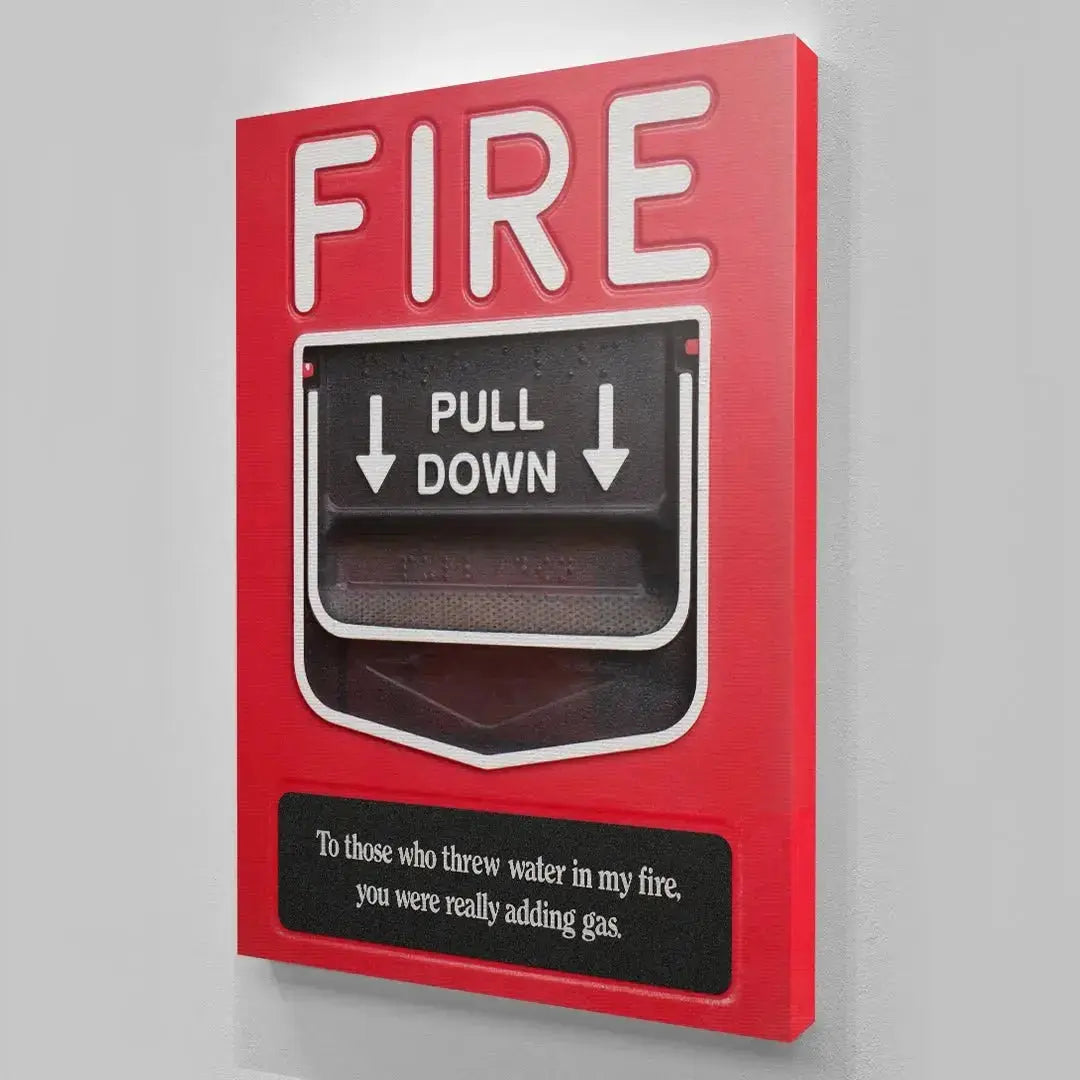 Close-up on the white typography 'FIRE' contrasting sharply against the red background, compelling viewers to Add Gas to their inner flame.