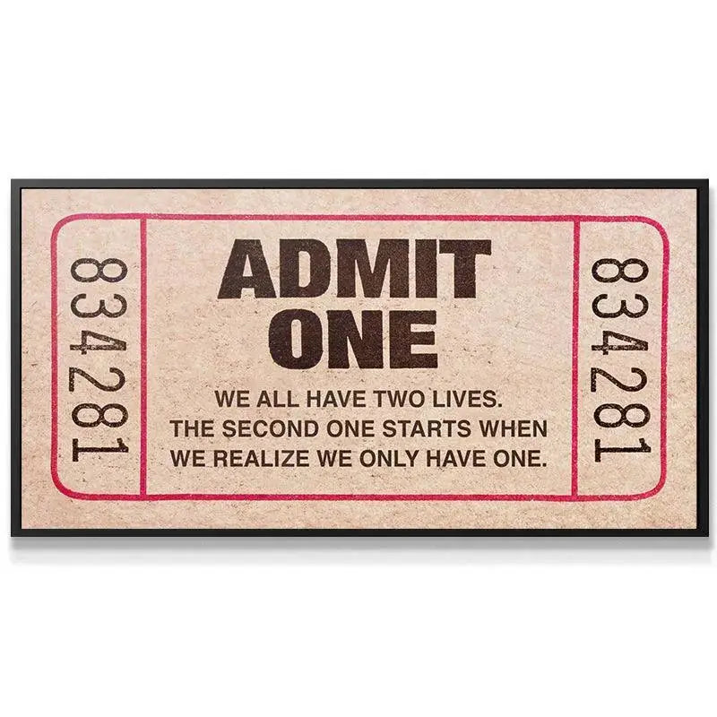 Full overhead shot of the rustic brown and red "Admit One" motivational ticket artwork.
