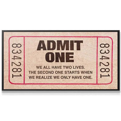 Full overhead shot of the rustic brown and red "Admit One" motivational ticket artwork.