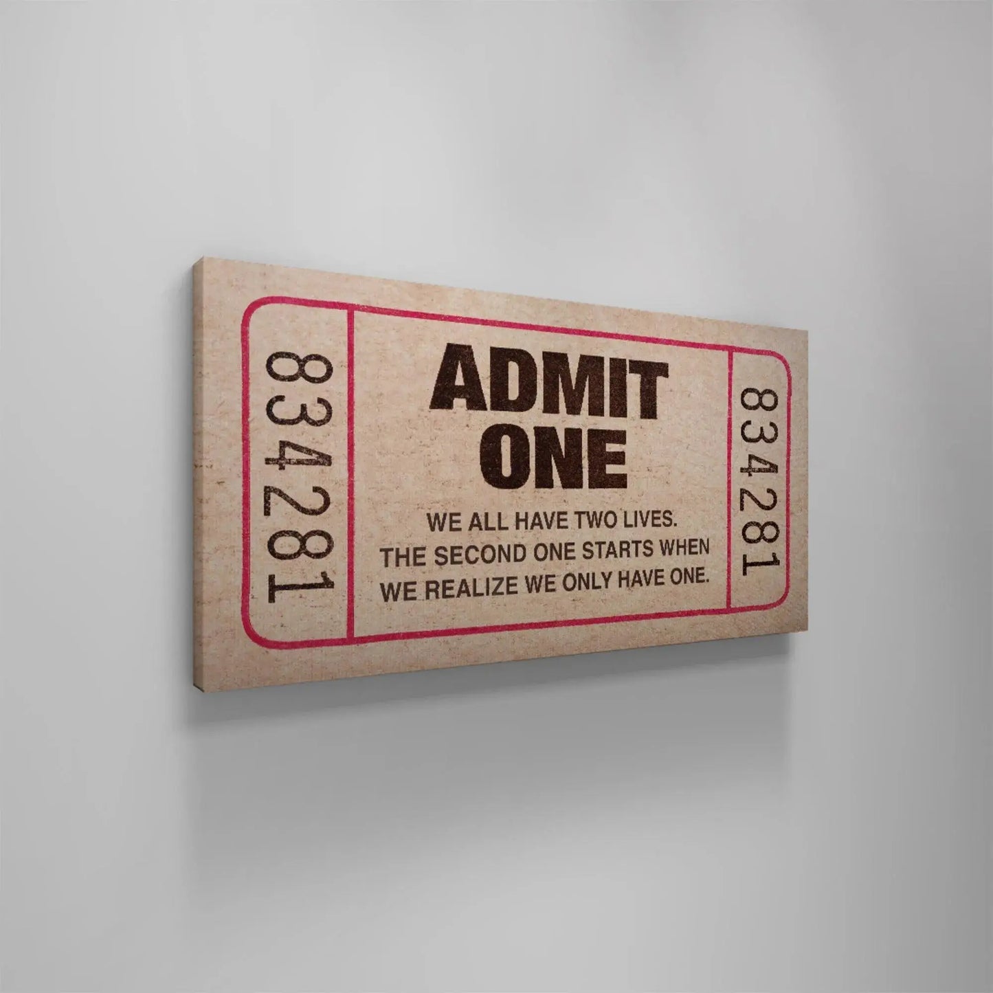 Macro photo focusing specifically on the impactful quote below the main "Admit One" text.