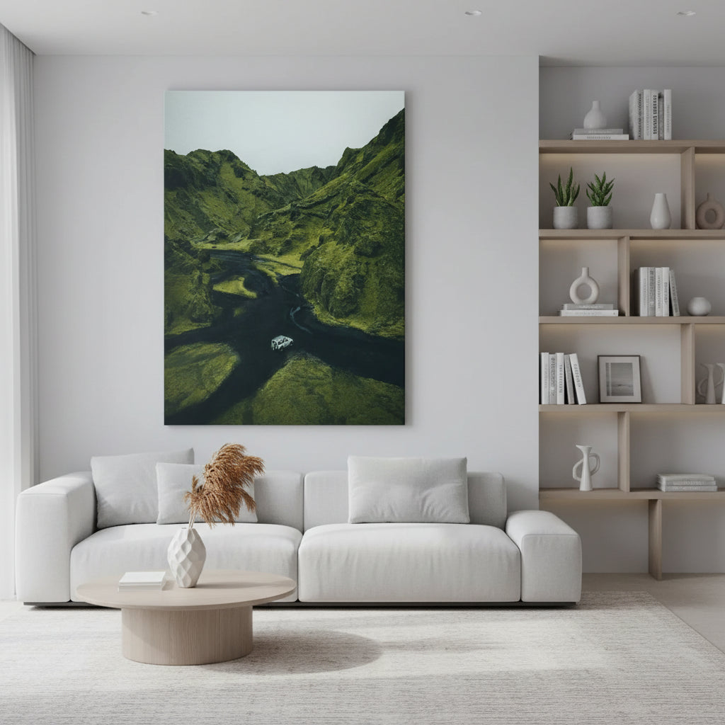 Scenic Icelandic-style valley featuring steep slopes covered in thick, vibrant green vegetation. Adventure Awaits.