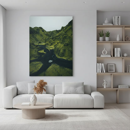 Scenic Icelandic-style valley featuring steep slopes covered in thick, vibrant green vegetation. Adventure Awaits.