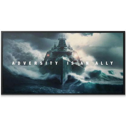 Close-up shot of the stormy sea foam and high-contrast water texture beneath the motivational text: Adversity Is An Ally.