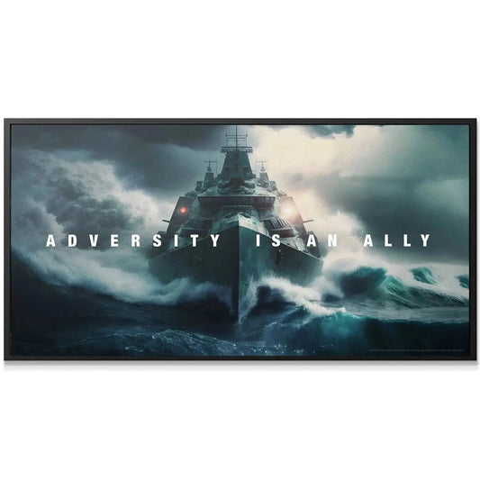 Close-up shot of the stormy sea foam and high-contrast water texture beneath the motivational text: Adversity Is An Ally.