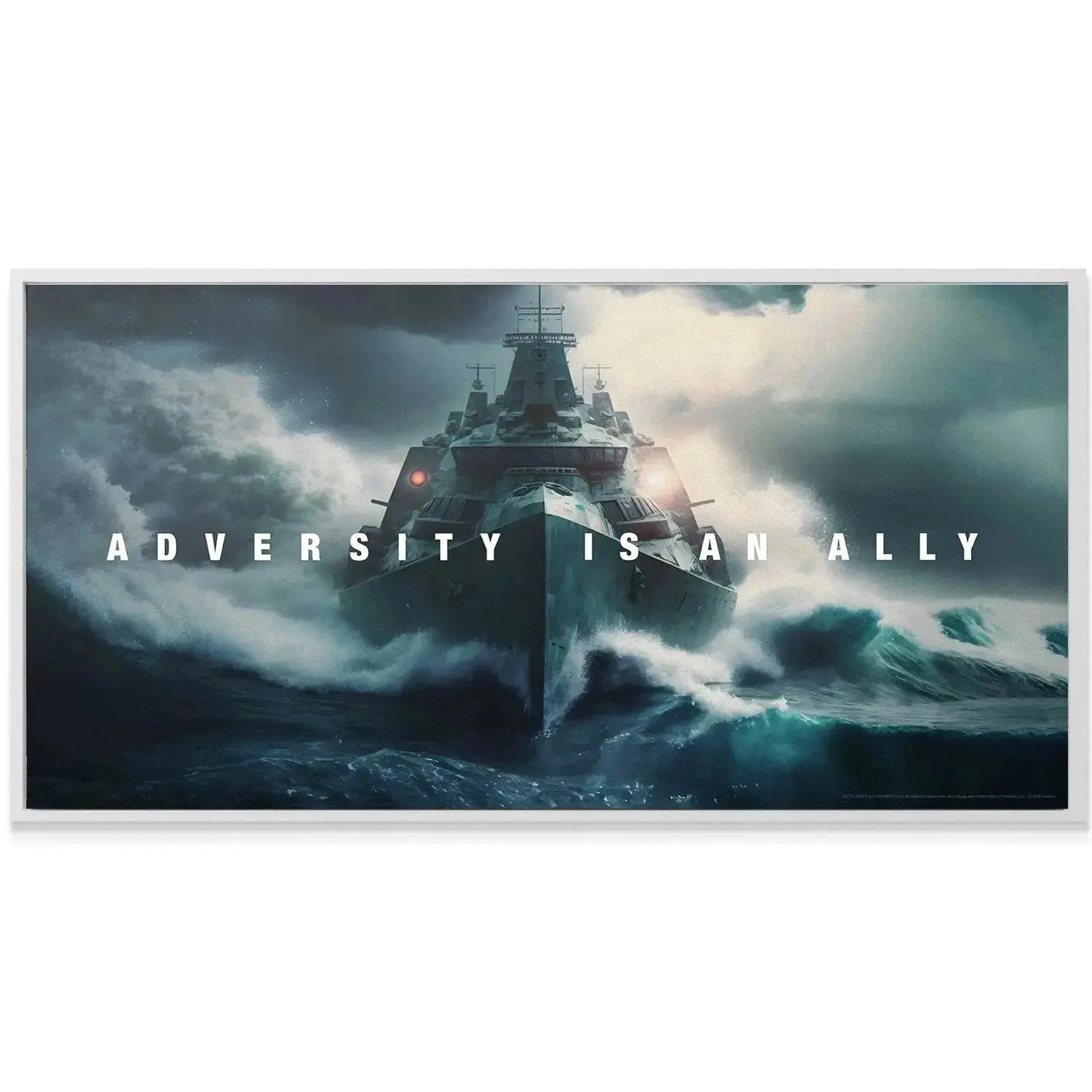 Wide-angle lifestyle mock-up of the framed poster hanging in a modern home office displaying the message: Adversity Is An Ally.