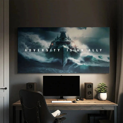 Detailed crop focusing on the menacing hull and superstructure of the warship during the storm, illustrating that Adversity Is An Ally.