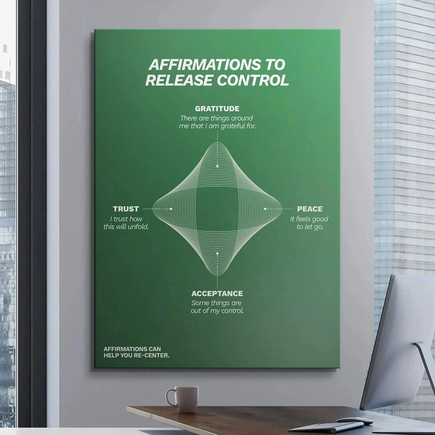 Macro shot of the bold white typography used for the title "Affirmations To Release Control" against the green.