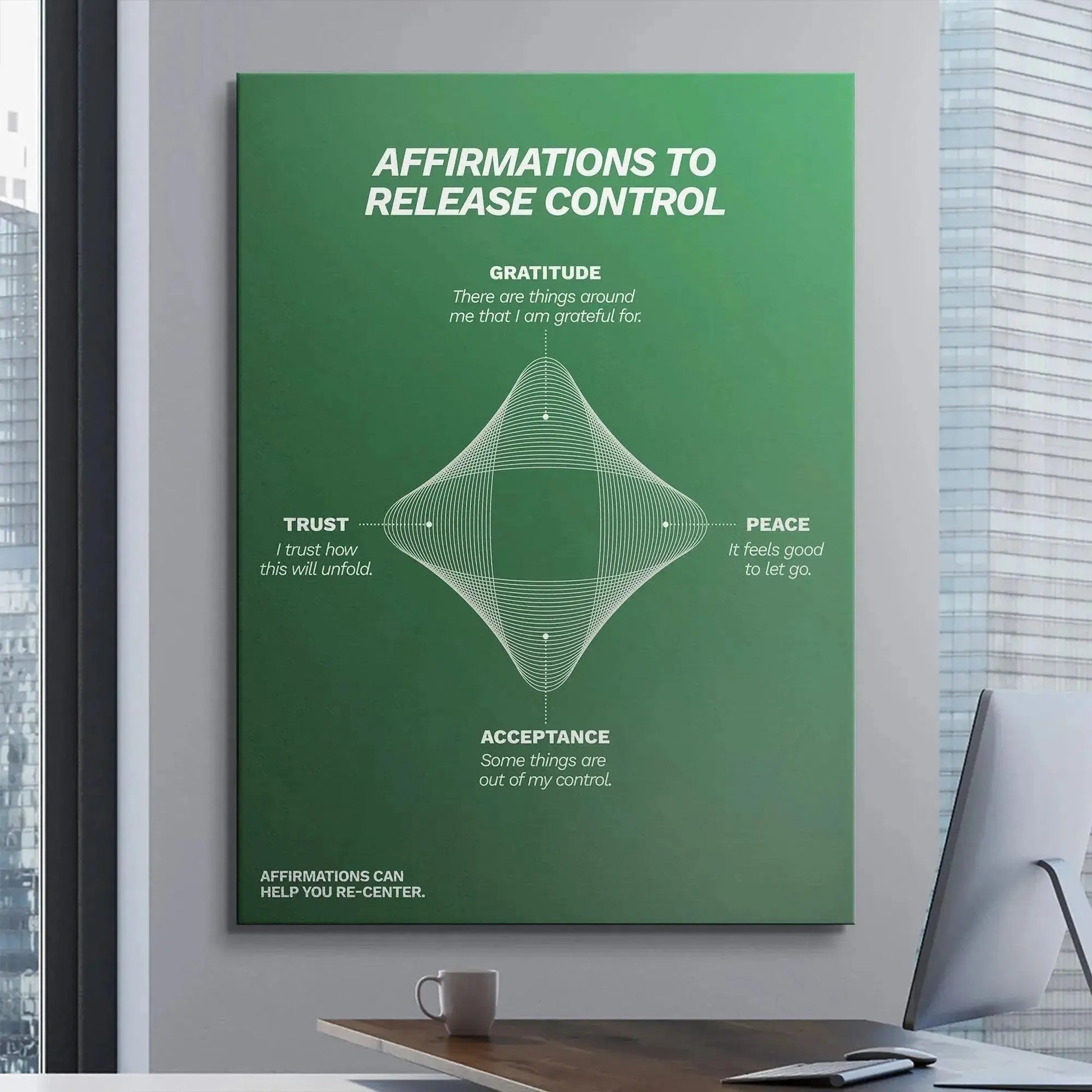 Macro shot of the bold white typography used for the title "Affirmations To Release Control" against the green.