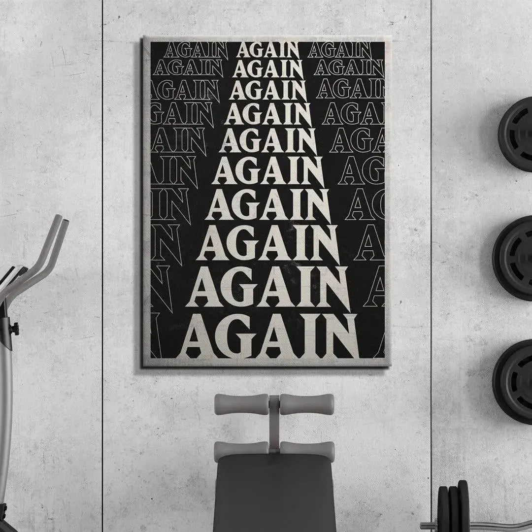 Corner angle photograph highlighting the canvas edge featuring the 'Again' design.