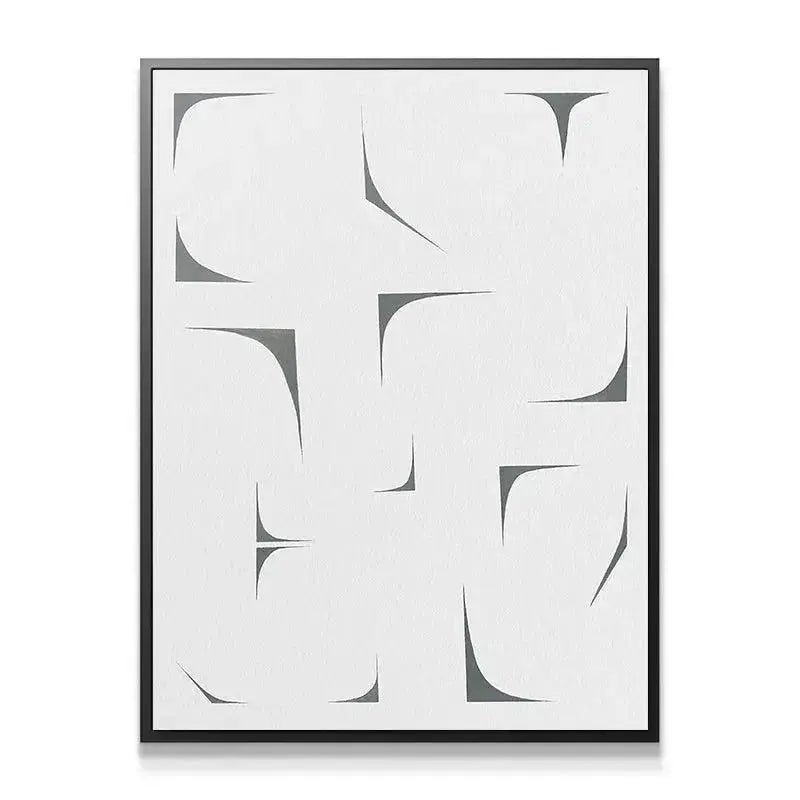 Close-up detail of the curved gray forms creating sharp negative space in Agalma artwork.