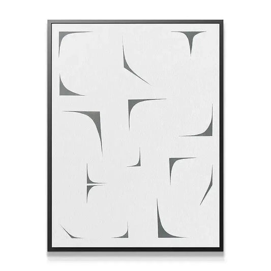 Close-up detail of the curved gray forms creating sharp negative space in Agalma artwork.