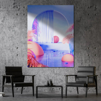 Detail of the tropical, stylized pink palm leaves framing the upper right corner of the Air print design.