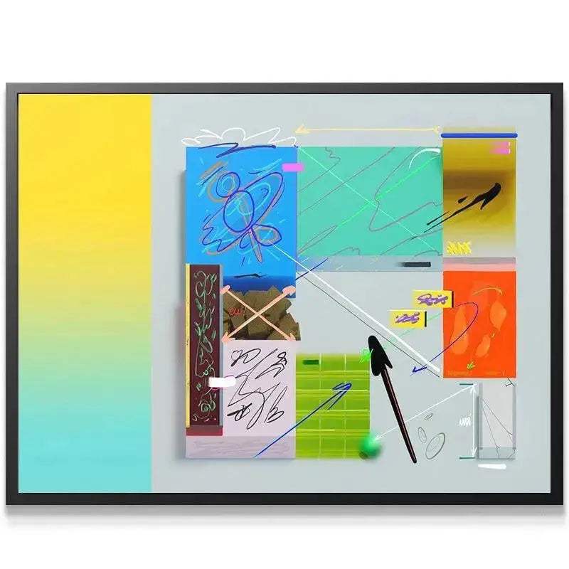 Close-up detail of the blue and teal segmented squares within the composition of 'Air E III'.